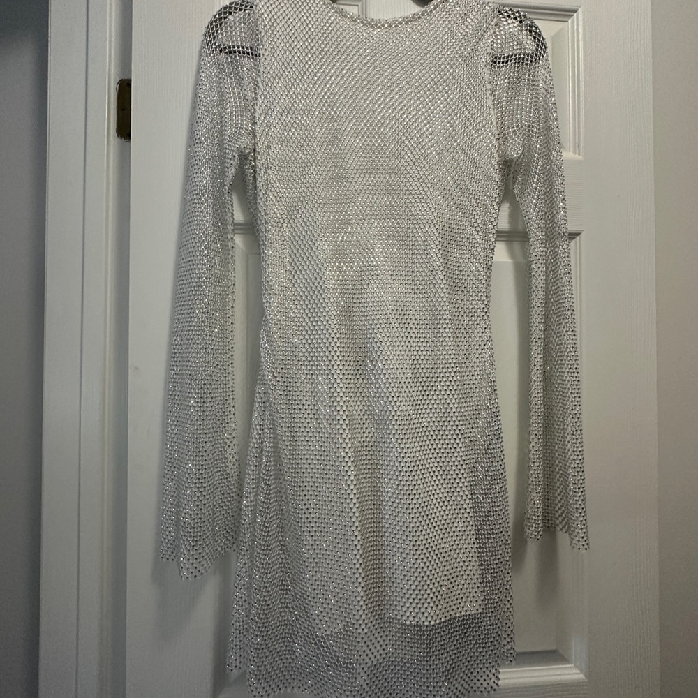 12th Tribe Anna White Rhinestone Mesh Mini Dress